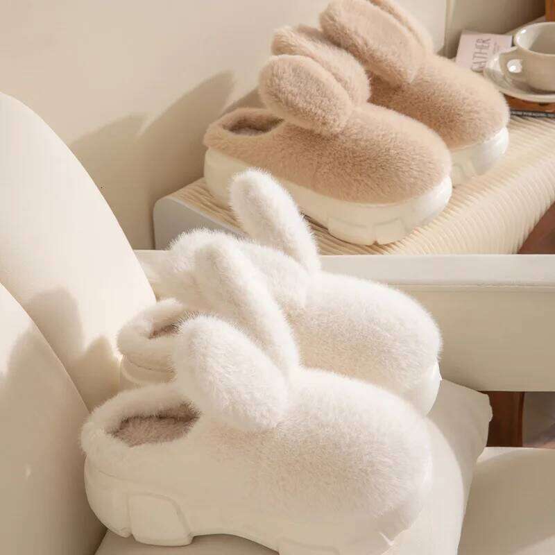 Women Indoor Fluffy Slippers Thick Sole Autumn Winter House Platform Shoes Warm Faux Fur Anti-slip Female Home Cotton Slipper