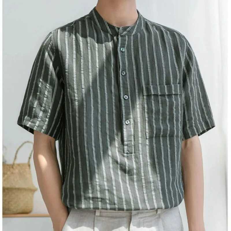 Men Clothing Trendy Japanese Style Vintage Striped Print Short Sleeve Shirt Summer Simple Casual Stand Collar Loose Cotton Tops M260305