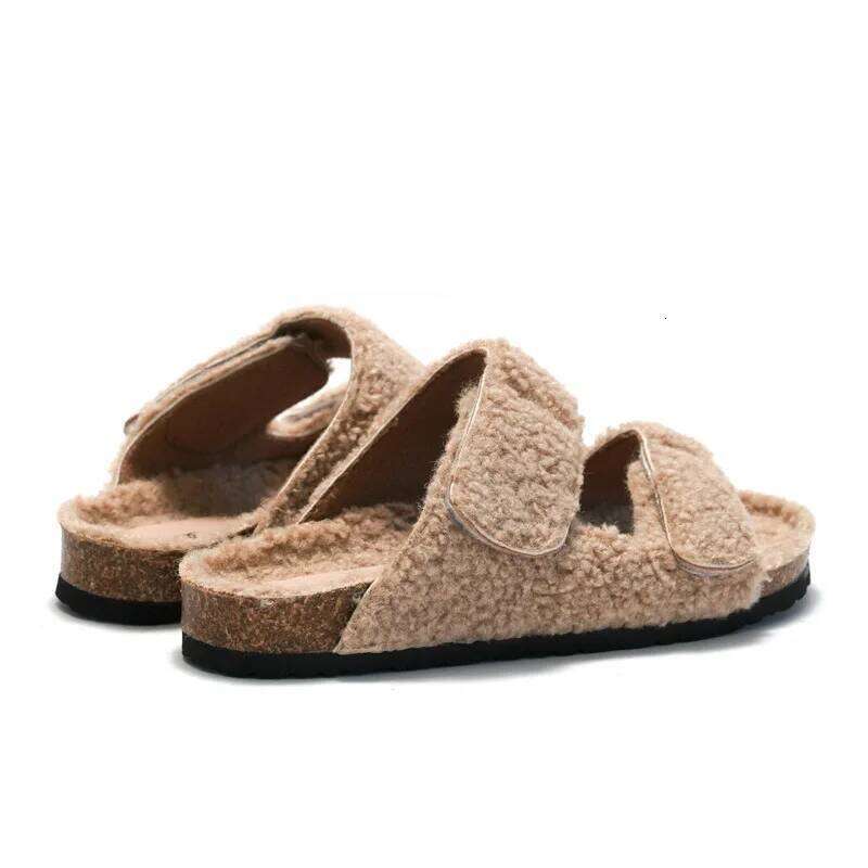 KIDMI Plush Lining Women's Velcro Non-slip Indoor Flat Slides Furry Warm Cozy Slippers With Arch Support