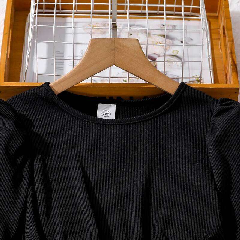 Kid Girl Long Sleeve Black Round Neck Patchwork Ink Painting Dress 8-12 Years Elegant Vintage Casual Kids Autumn Dresses Z260304