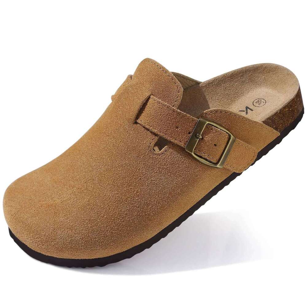 Kidmi Men's Suede Cork Footbed Clogs for Women Soft Leather Adjustable Buckle Slip-on Potato Shoes Sandals Beach Slippers