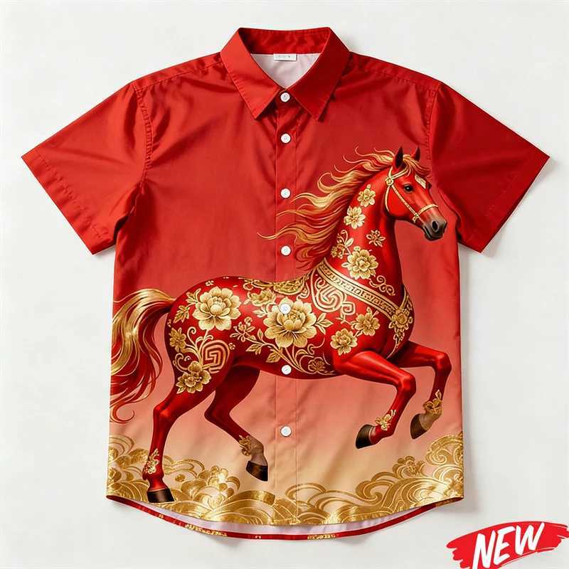 New Design 2026 Horse Year Hawaiian Shirt For Men Women Chinese New Year Party Short Sleeve Shirts Festive Loose Lapel Shirt M260305