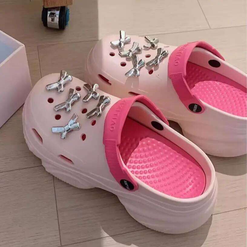 DIY Bow Knot Platform Clogs For Women Indoor Street Slippers Thick Sole Mixed Colors Home Beach Shoes Female Fashion Sandals