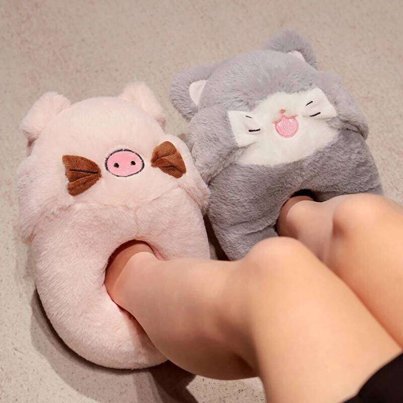 Women Home Floor Fluffy Slippers Winter Warm Cute Cartoon Animals Soft Faux Fur Couples Indoor House Bedroom Cotton Shoes