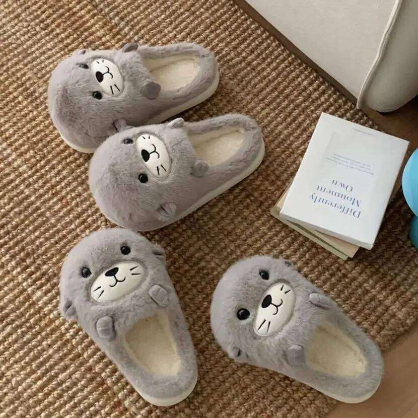 Cute Cartoon Seal Indoor Fluffy Slippers For Women Men Winter House Shoes Soft Plush Anti-slip Lovers Home Floor Cotton Slides