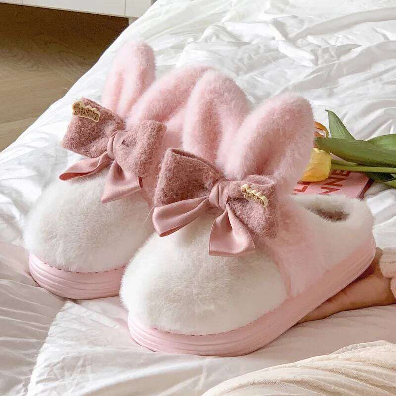 Cute Cotton Slippers For Women Winter House Shoes Funny Rabbit Ear , Warm Plush,Anti-slip, Girls Home Floor Fluffy Slides