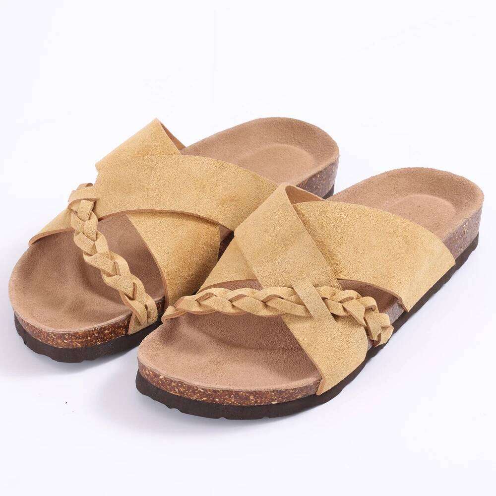 Kidmi New Women's Slides Soft Cork Footbed Comfortable Walking Slip-on Flat Sandals Arch Support Braided Straps Slippers
