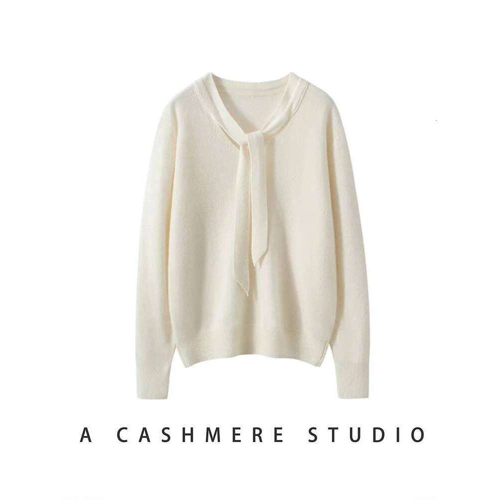 Women 100% Cashmere Sweater Ribbon V-neck Design Pullovers Autumn Winter French Retro Style Soft Knitwear Clothing Tops High-end XJ260305