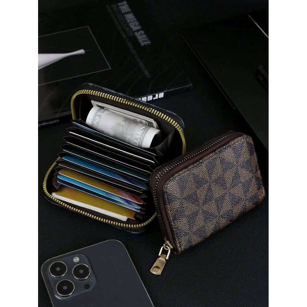 Stylish Checkered Pattern Holder Vintage Zipper Small Wallet - Portable Lightweight Card Case for Men and Women C260304