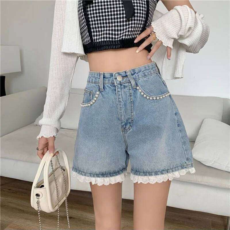 Summer Lace Trimmed Patchwork Women's Denim Short Pants 2025 High Waist Casual Loose thin Jeans Wide Leg Shorts Retro for Women XJ260305