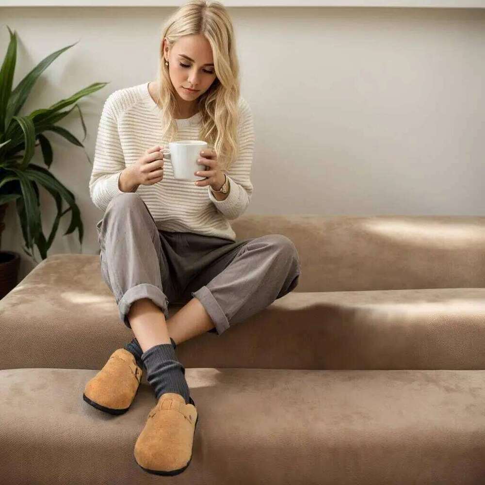 Classic Suede Fashion Clogs Cork Footbed Leather Men Mules Outdoor Unisex Soft Antiskid Slippers