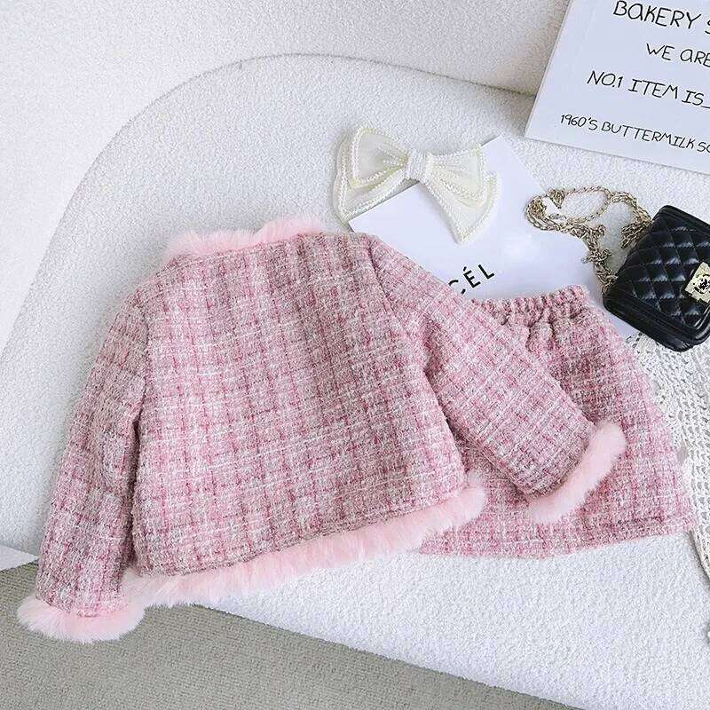 2Pcs Tweed Sets Girl Fashion Spring Winter Children Suits for 1-10Ys Elegant Sweet Outfit Kids Clothes Z260304