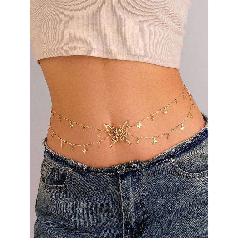 New Trendy Sexy Waist Jewelry Belt Double-layer Golded Metal Hollow Butterfly Tassel Belly Chain Women's Beach Accessories S260304
