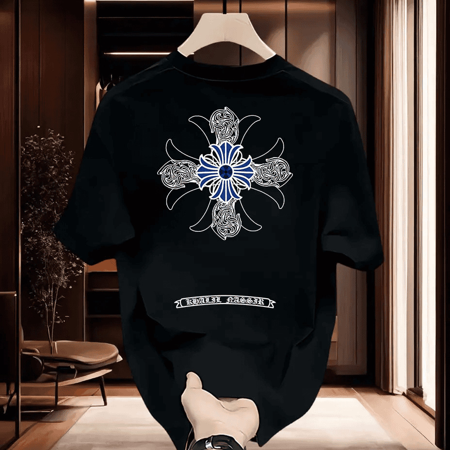 Mens T-Shirt Ornate Blue Cross Print Loose Heavy Cotton Short Sleeve Summer Designer Clothes