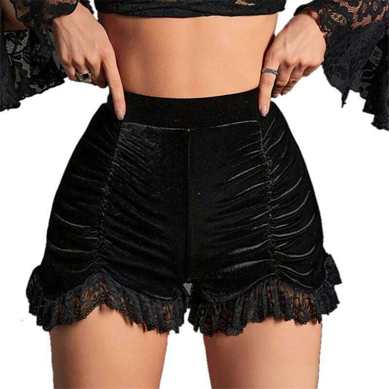 Goth Velvet Ruched Black Shorts Pants Gothic Mall Women High Waist Sexy Girl Grunge Skinny Bottoms Lace Hem Alt Clothes Short XJ260305