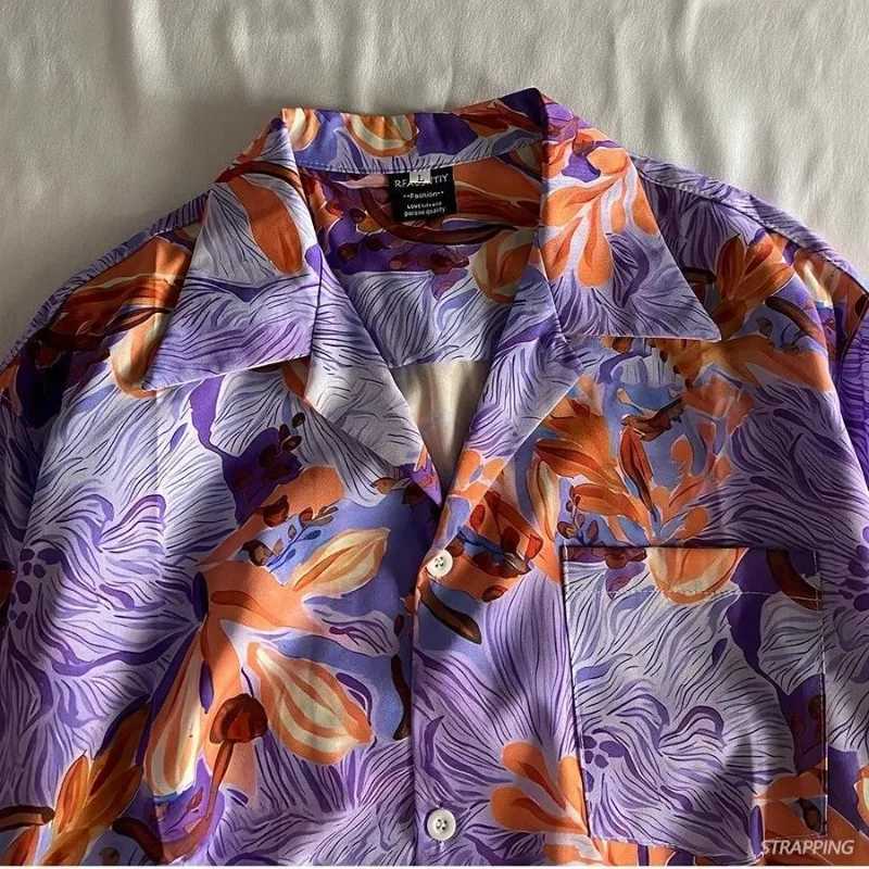 Mens Orange Floral Print Short SLeeve Camp Collar Oversized Casual HAWaiian Shirt M260305