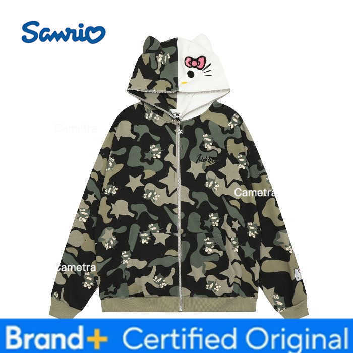 Sanrio Cotton American-style vintage camouflage cardigan, Kitty Cat hoodie, women's loose and lazy style oversized coat H251120