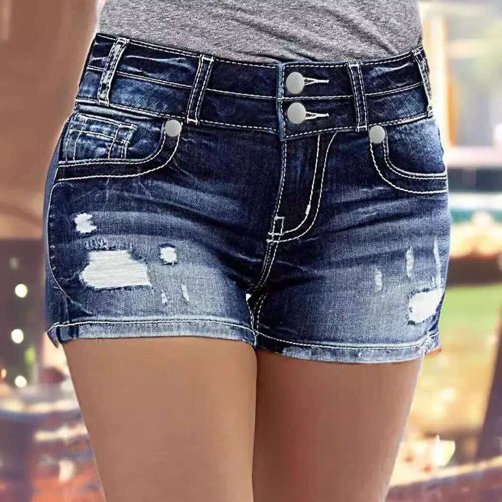 Street Trend Retro Double-button High-waisted Denim Shorts.New Summer Fashion Washed Ripped Stretch Casual Short Jeans for Women XJ260305