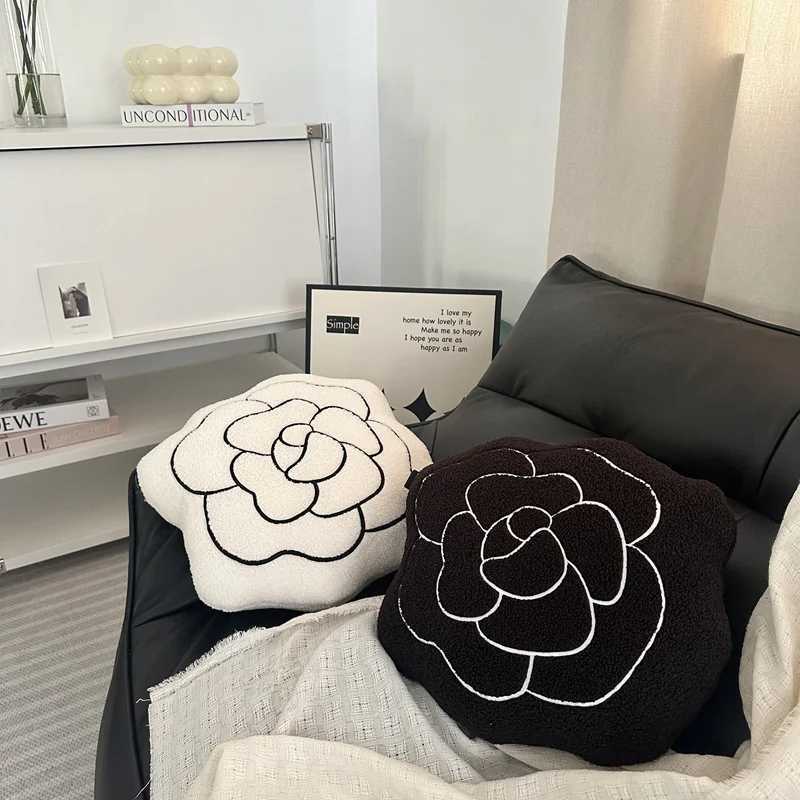 45cm Camellia Flower Plush Pillow Stuffed White Black Plant Seat Cushion Indoor Floor Sofa Chair Back Support Plushie GiftT260305
