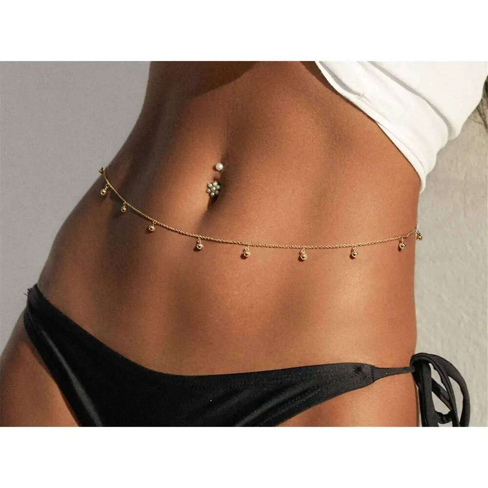 Women's Minimalist Bare New Metal Round Bead Waist Water Droplet Fringe Body Chain Sexy Bikini Accessory S260304