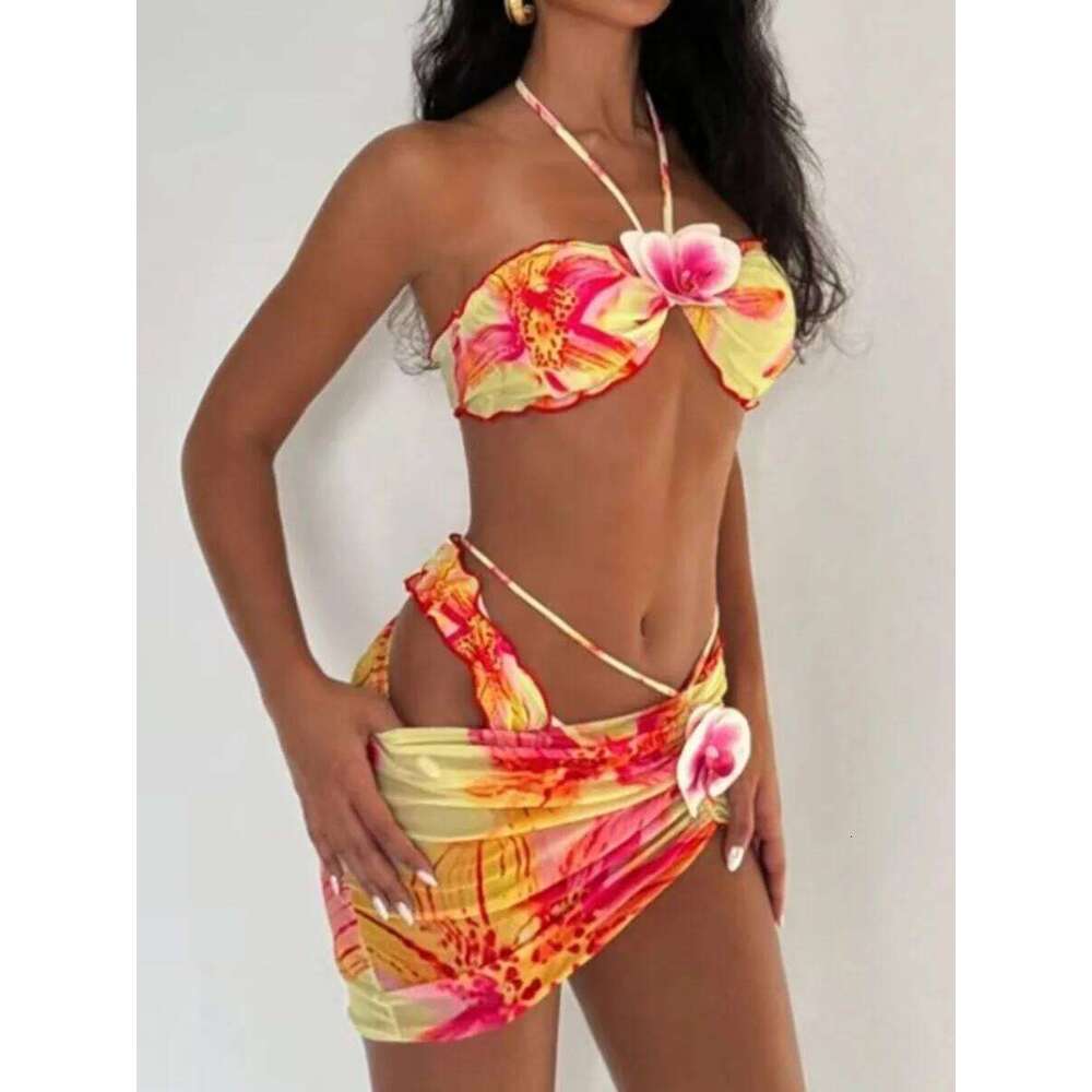 3D Flowers with Mesh Skirt Halter Bandeau Women Swimsuit Female Swimwear Three-pieces Bikini Set Bathing Suit Beachwear Y260303