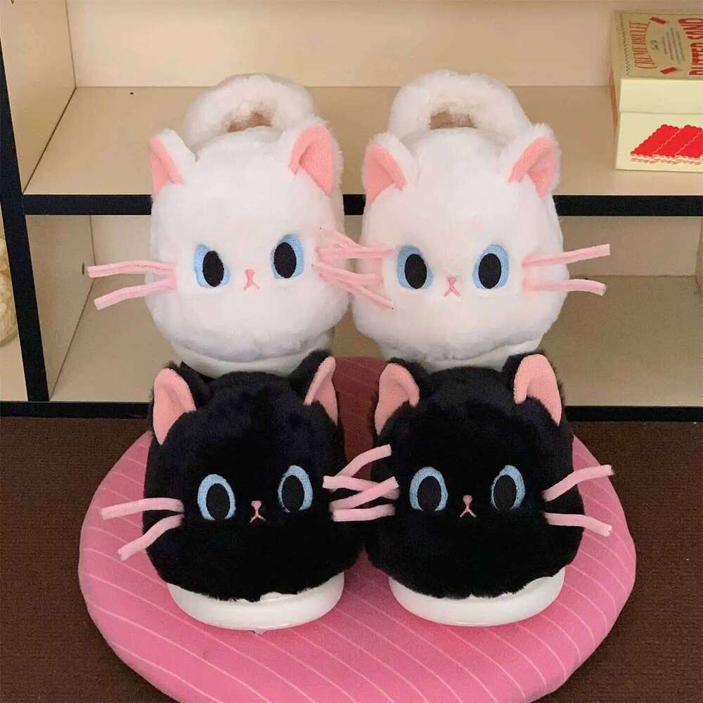 Women Indoor Fluffy Slippers Cute Cartoon Cat Girls Winter Warm House Shoes Soft Faux Fur Thick Sole Female Home Cotton Slides
