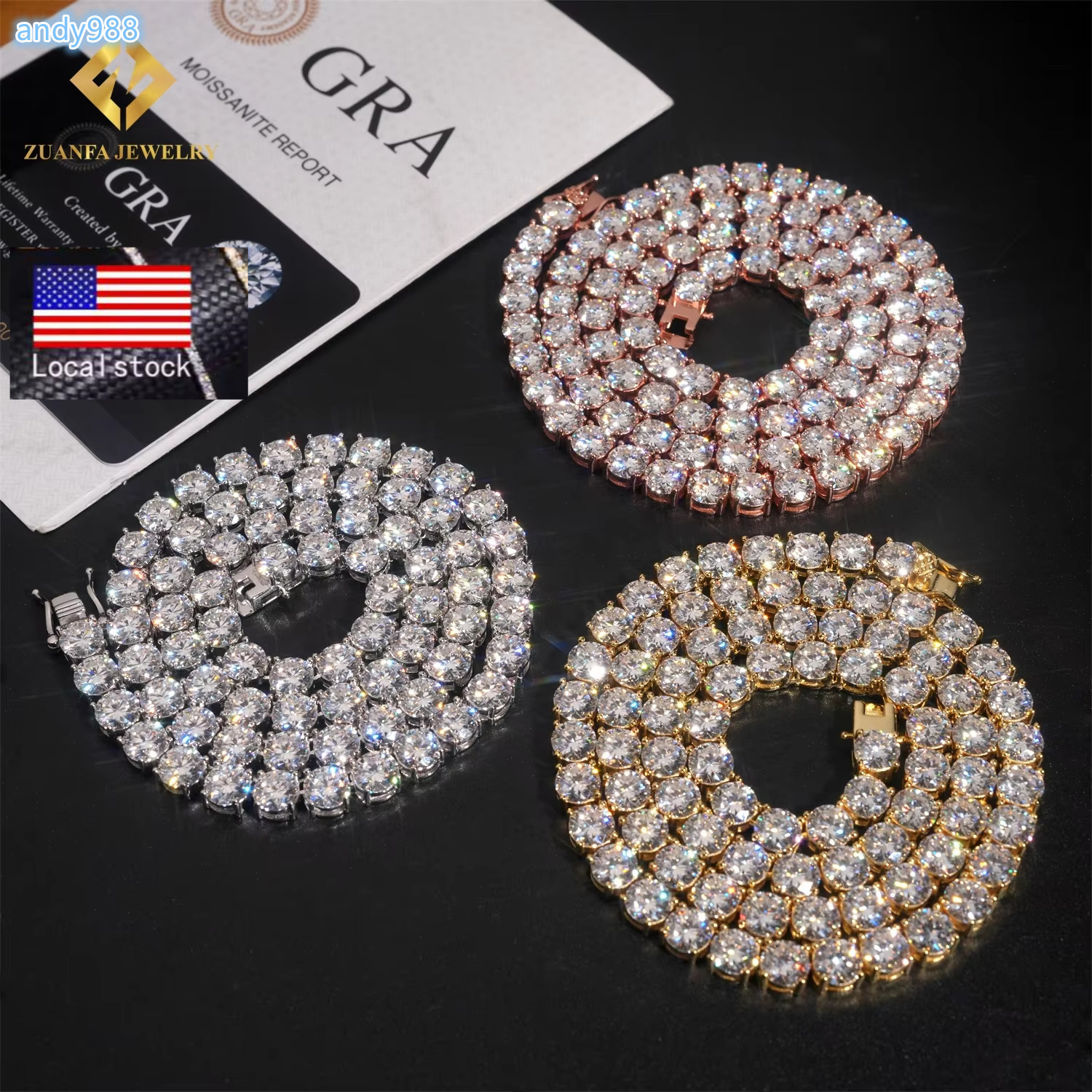 USA Stock Fast Shipping 65mm Moissanite Diamond Tennis Necklace Solid 925 Silver Iced Out Moissanite Hip Hop Tennis Chain