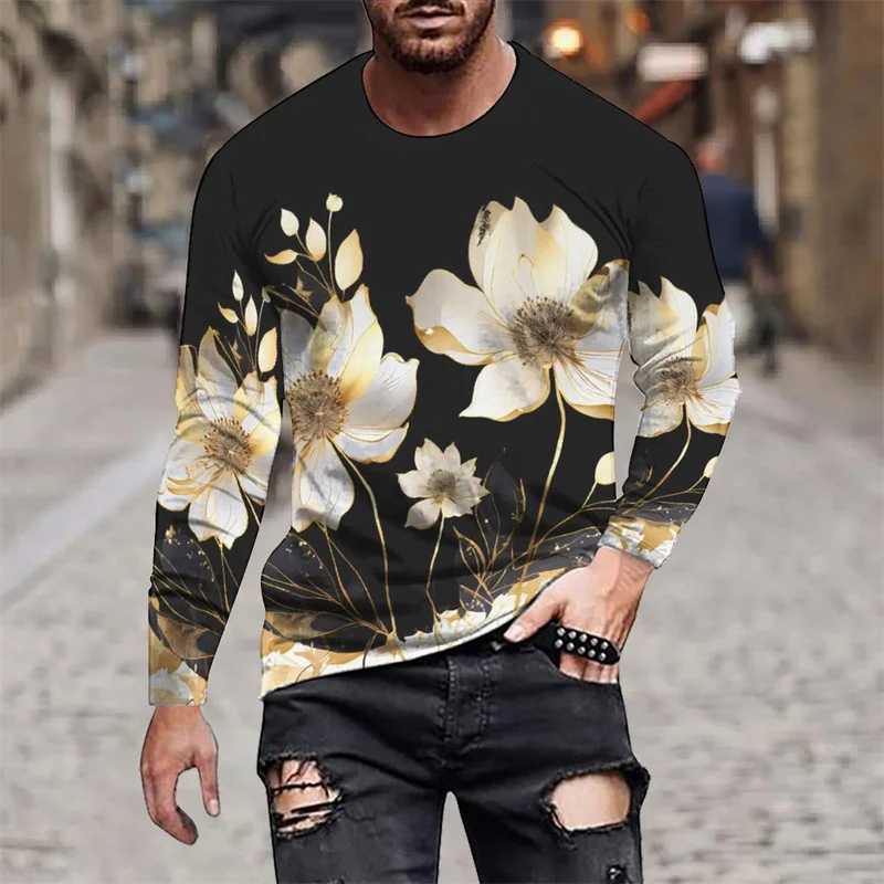 Golden Stripes Pattern T-Shirt For Men Flower Starry Sky 3D Printed T Shirts Autumn Casual Long Sleeves Loose O-Neck Tops Tees M260305