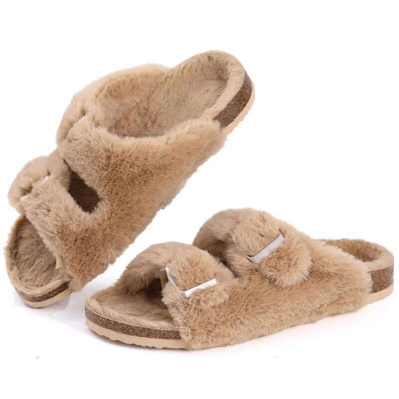 Kidmi Women's Fuzzy Footbed Fluffy Slide Sandals Classic Indoor House Shoes Fashion Cork Open Toe Women Slippers