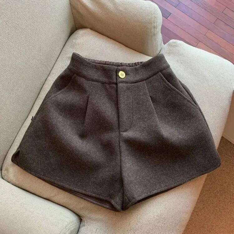 Autumn Winter Shorts Women Simple Solid Pocket High Waist Split Wide Leg Short Pants Retro Fashion Versatile Ropa Mujer XJ260305