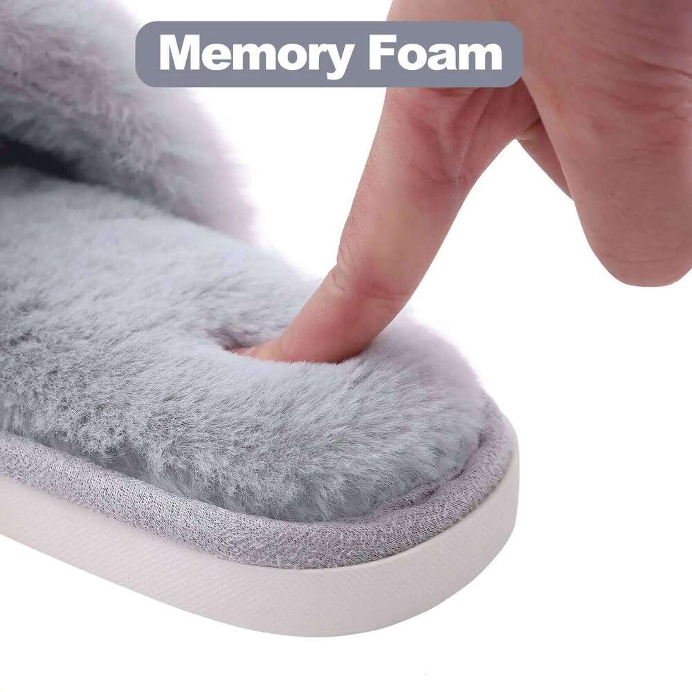 Kidmi Women Flat Fuzzy Cross Band Plush Female Fluffy Furry Bedroom Slides Indoor Non-slip Soft House Slippers