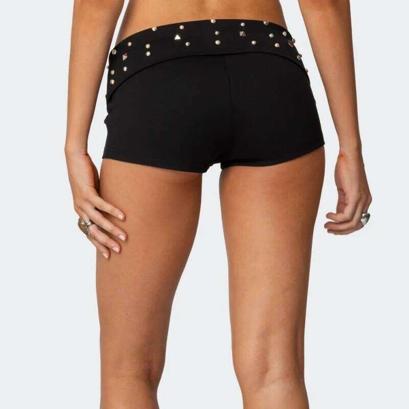 Women Y2K Studded Foldover Sexy Low Rise Slim Fit Pj Micro Casual Stretchy Yoga Shorts Loungewear XJ260305
