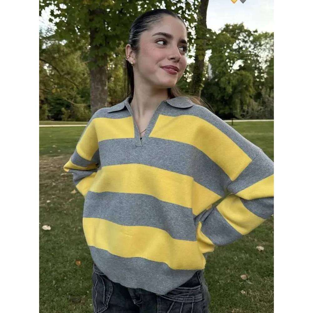 HH Women Trend Casual Striped Knitted Pullover Lapel Long Sleeve Sweater Shirt Spring Fashion High Street Lady Chic Tops XJ260305