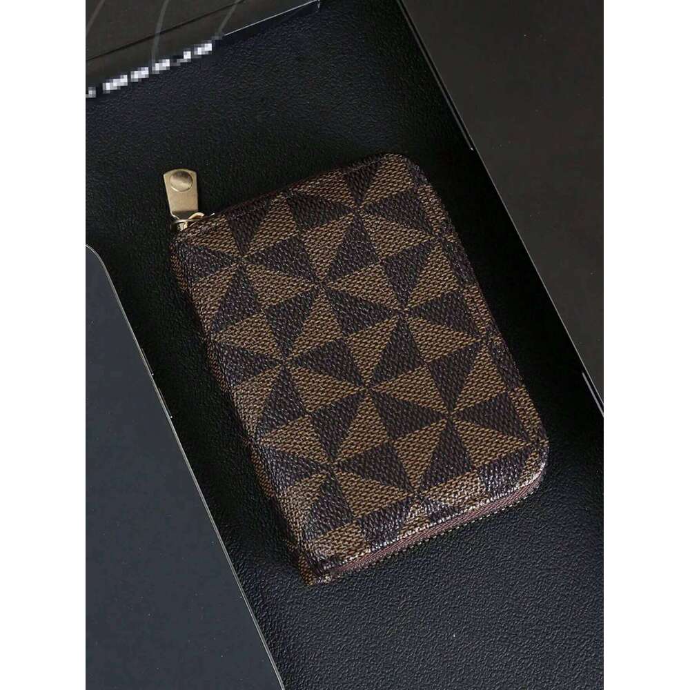 Stylish Checkered Pattern Holder Vintage Zipper Small Wallet - Portable Lightweight Card Case for Men and Women C260304