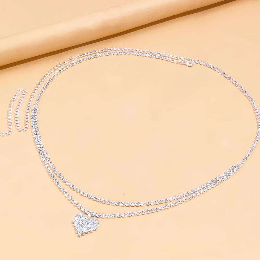 Sexy Rhinestone Heart Waist Belt Bikinis Jewelry for Women Summer Beach Double Row Crystal Belly Chain Body Accessories S260304