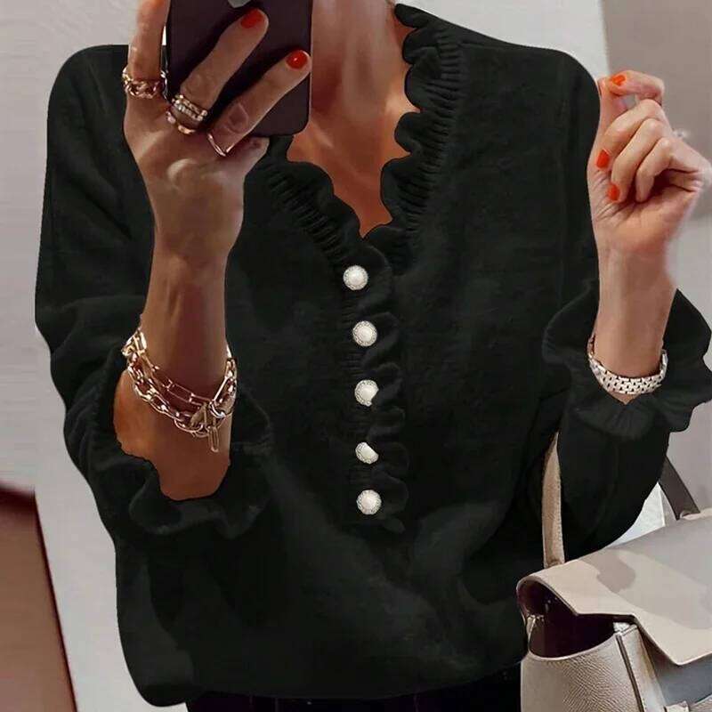 2024 Fall Winter Color Contrasting Knitted Casual Ruffle Button Long Sleeve Elegant Lady V-neck Commuter Sweater XJ260305