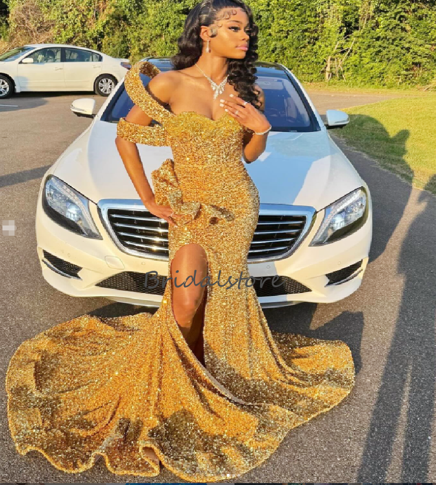 Unique Gold Mermaid Evening Dress Sparkly Sequin Slit Prom Dress 2026 Elegant Black Girls Formal Occasion Birthday Dress Luxury Nigeria Vestio De Noch