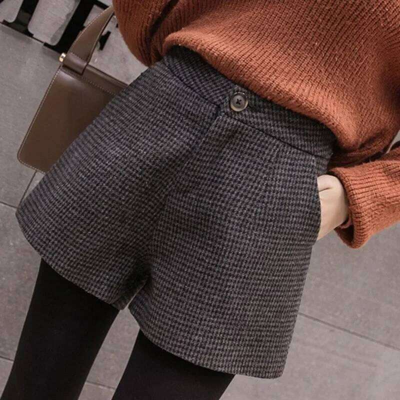 Thicker Houndstooth Shorts Women Autumn Winter New Warm High Waist A-line Vintage Baggy Bottom Korean Fashion Streetwear Chic XJ260305