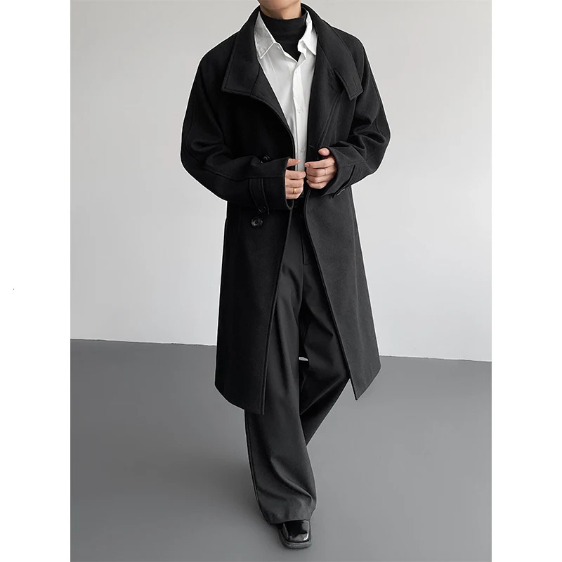 Autumn Winter Mens Wool Trench Coat Mid Length Stand Collar Solid Color Windproof Warm Two Button Outerwear 260302