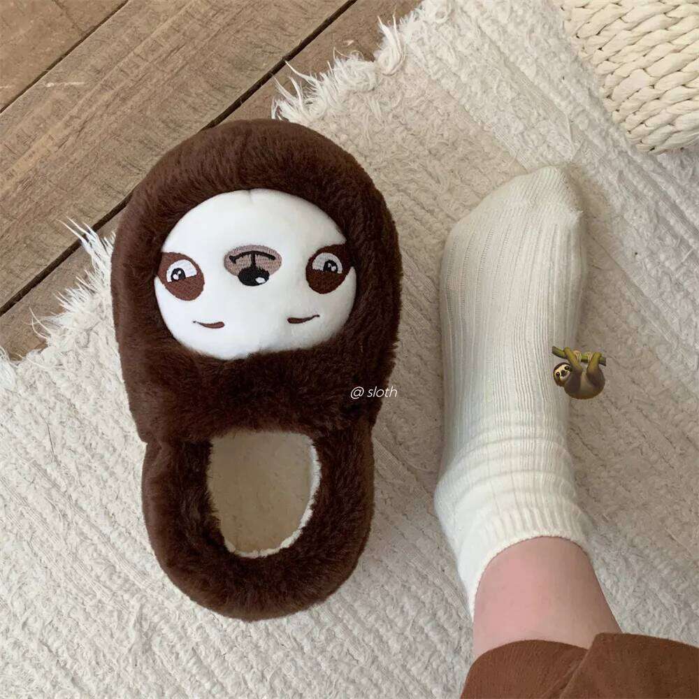 Indoor Cotton Slippers For Women Men Winter Warm Cute Cartoon Sloth Soft Plush Anti-slip Couples Home Floor Fluffy Shoes