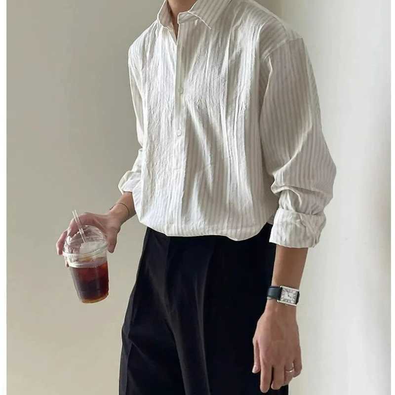 Mens Vintage Fashion Japanese Style Striped Business Casual Shirt Spring Summer Lapel Long Sleeve Loose Tops Camisas De Hombre M260305