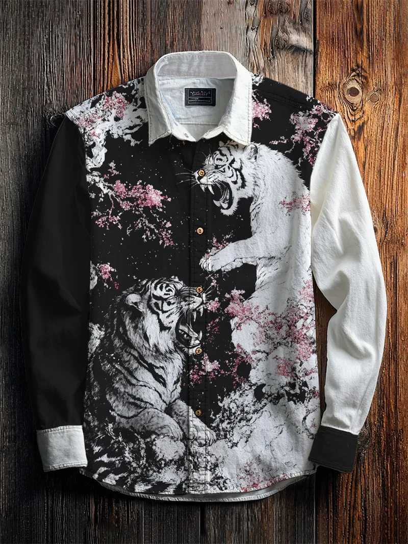 New mens linen long sleeved shirt casual shirt 3D animal print long sleeved fashionable and comfortable top M260305