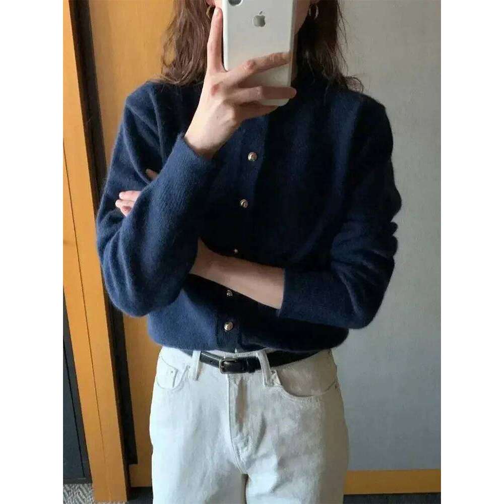 Autumn winter knitted cardigan, fashionable and versatile, loose-fitting, pure color, casual round neck sweater jacket top XJ260305