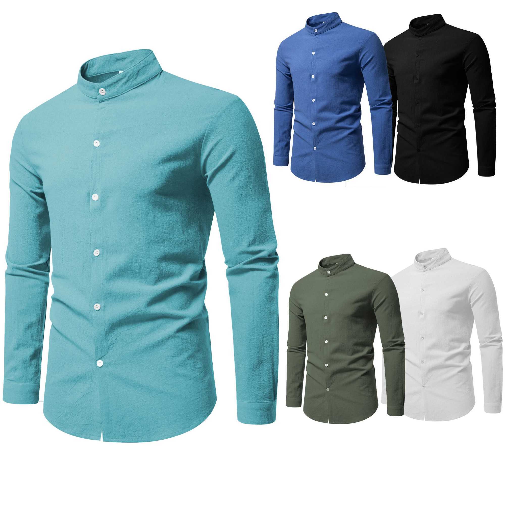 Spring Mens Long Sleeve Stand Collar Solid Color Casual Shirt Mens Pure Cotton Fashion Cardigan M260305