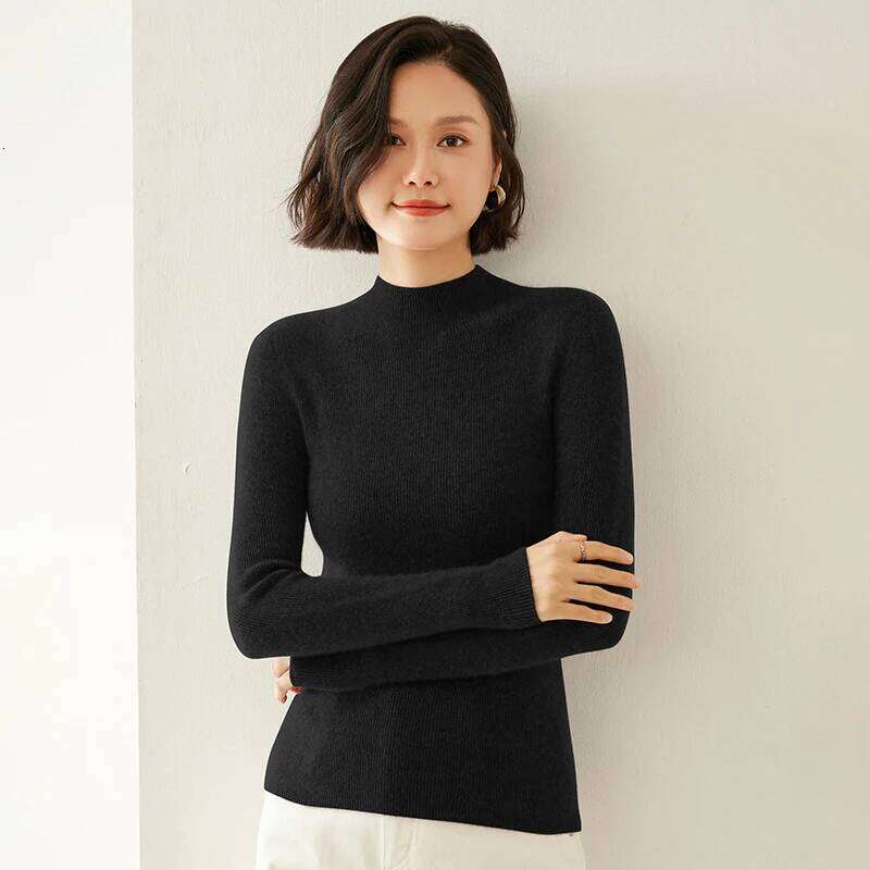 One-line Striped Half-high Collar Autumn and Winter 100% Cashmere Fashion Pullover Sweater Women Slim Bottoming Knitwear XJ260305