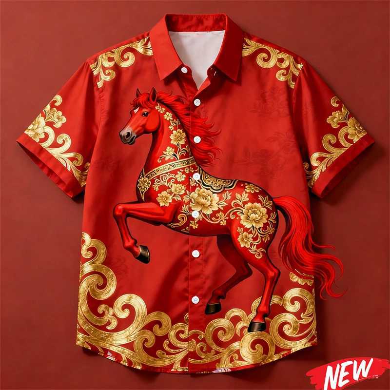 New Design 2026 Horse Year Hawaiian Shirt For Men Women Chinese New Year Party Short Sleeve Shirts Festive Loose Lapel Shirt M260305