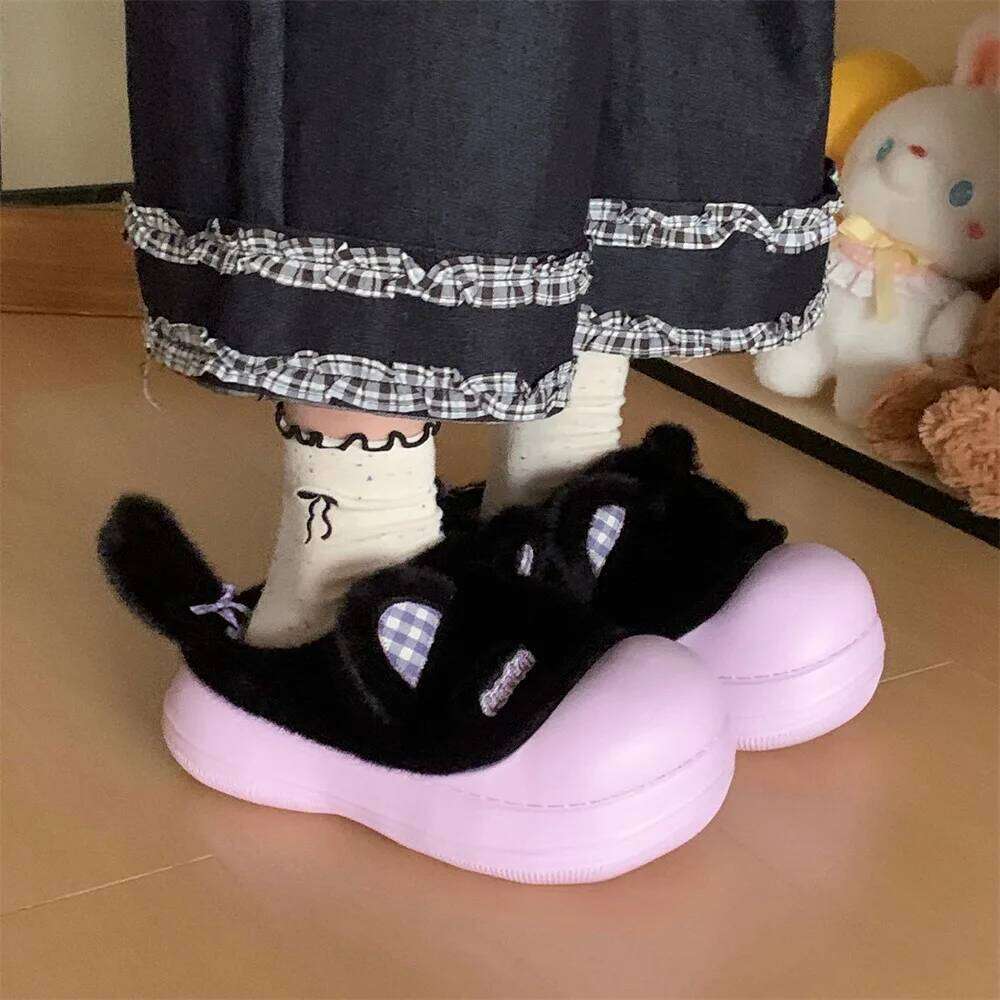 Cute Cartoon Cat Waterproof Fluffy Slippers For Girls Street Warm Shoes Soft EVA Anti-slip Women Home Daily Cotton Slipper