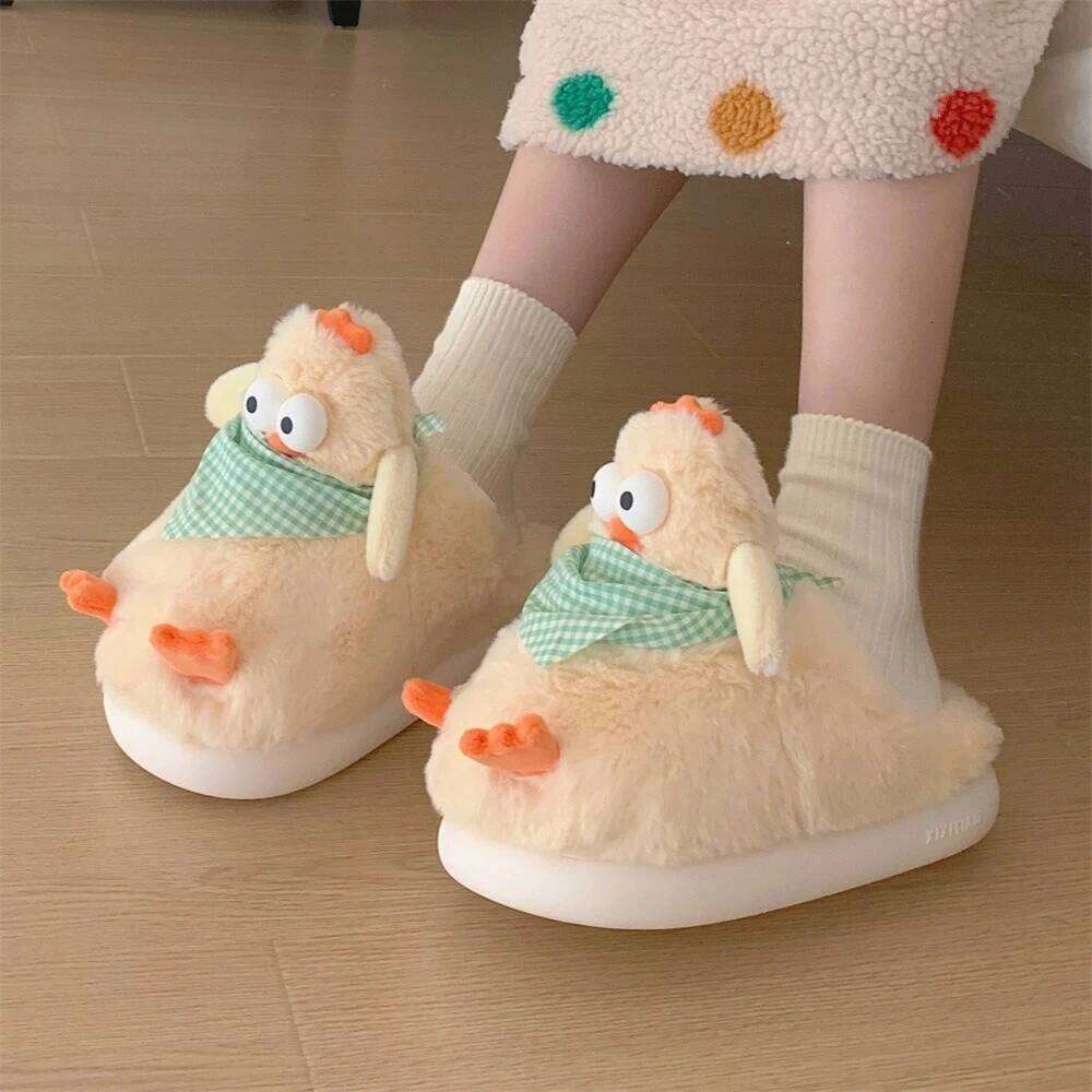 Women Indoor Fluffy Slippers Cute Cartoon Chicken Winter House Shoes Warm Plush Anti-slip Female Home Floor Cotton Slides