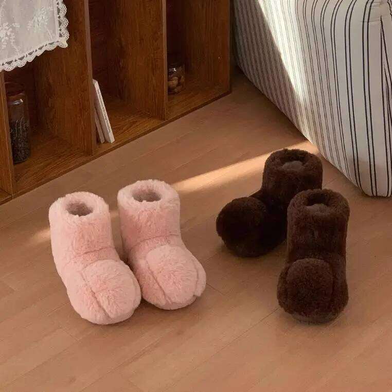 Cute Cartoon Cat Paw Fluffy House Shoes Woman Indoor Cotton Slippers Warm Faux Fur Anti-slip Female Home Street Snow Boots