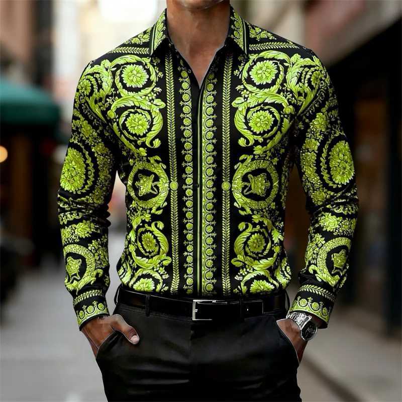 Mens Shirt Baroque Style Gold Pattern Long Sleeve Shirt Fashion Slim HD Print Shirt Hot Sale XS-6XL M260305